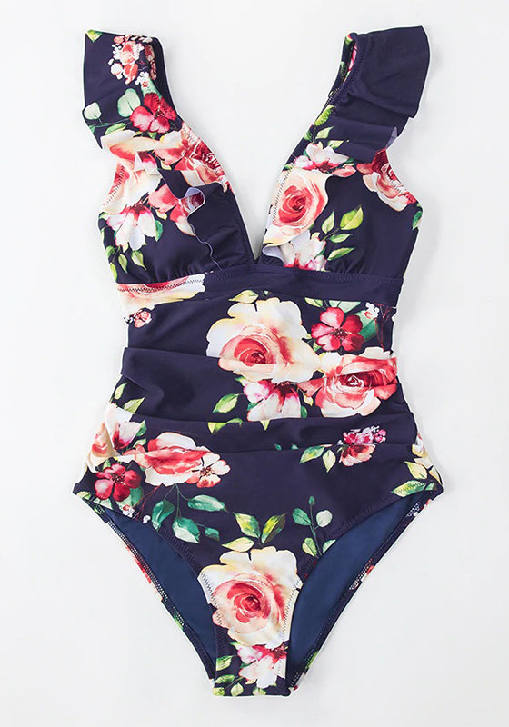 Black Floral V-neck Ruffled One-Piece