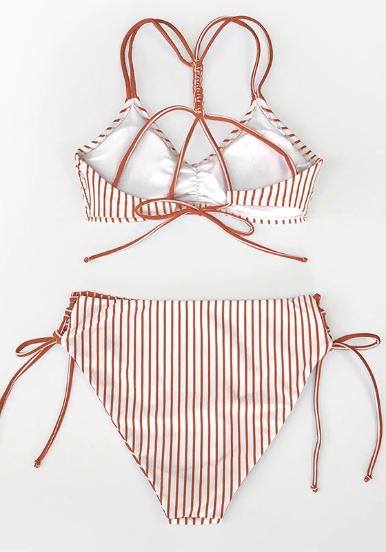 Red White Stripe Strappy Bikini Set