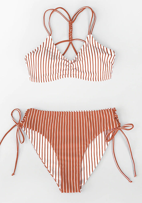 Red White Stripe Strappy Bikini Set