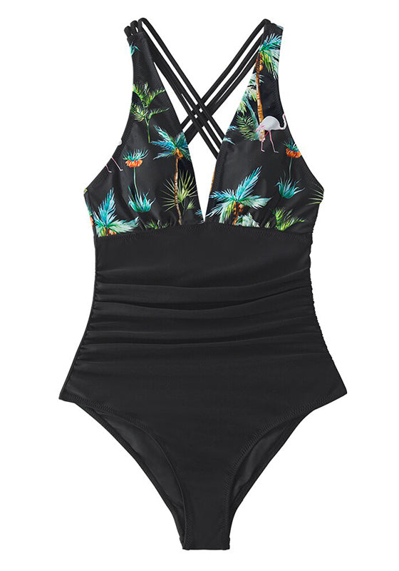 Black Print V-neck One-Piece Swimsuit