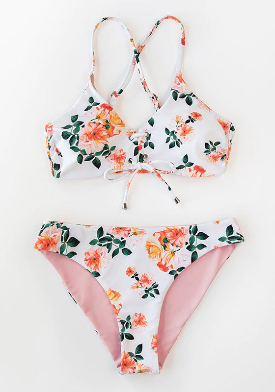 Pink Floral Lace Up Low-Rise Bikini Set