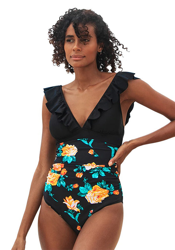 Black Floral V-neck Ruffled One-Piece