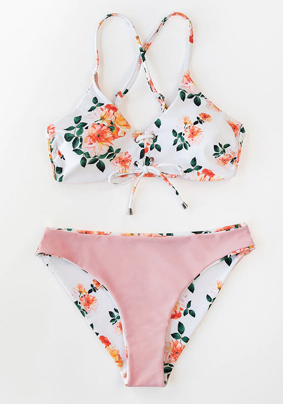 Pink Floral Lace Up Low-Rise Bikini Set