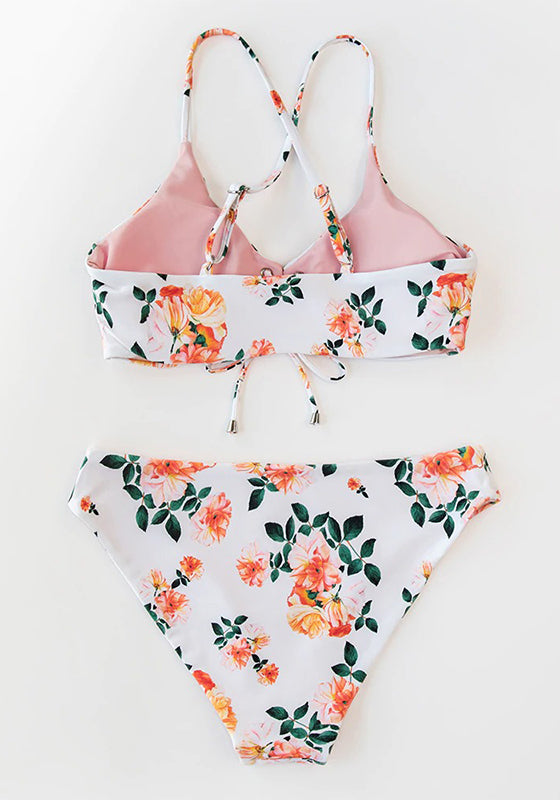 Pink Floral Lace Up Low-Rise Bikini Set