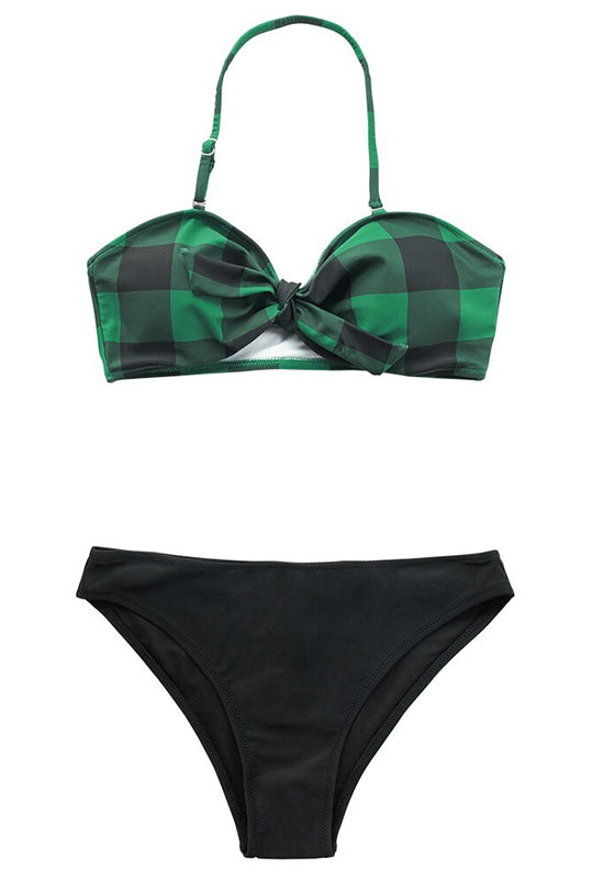 Green Plaid Bandeau Low-waist Halter Bikini Set