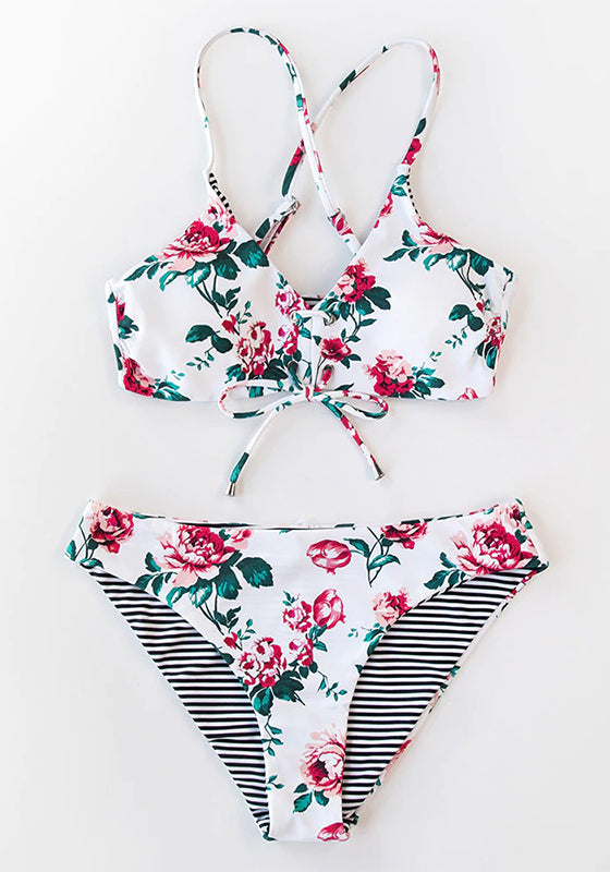 Pink Floral Lace Up Low-Rise Bikini Set