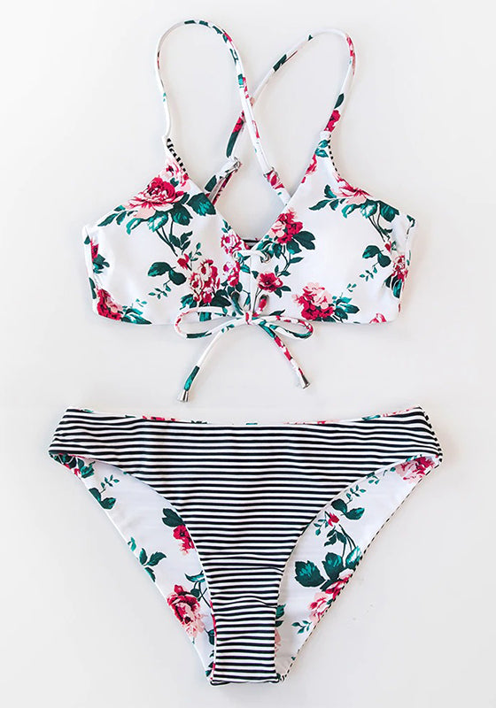 Pink Floral Lace Up Low-Rise Bikini Set