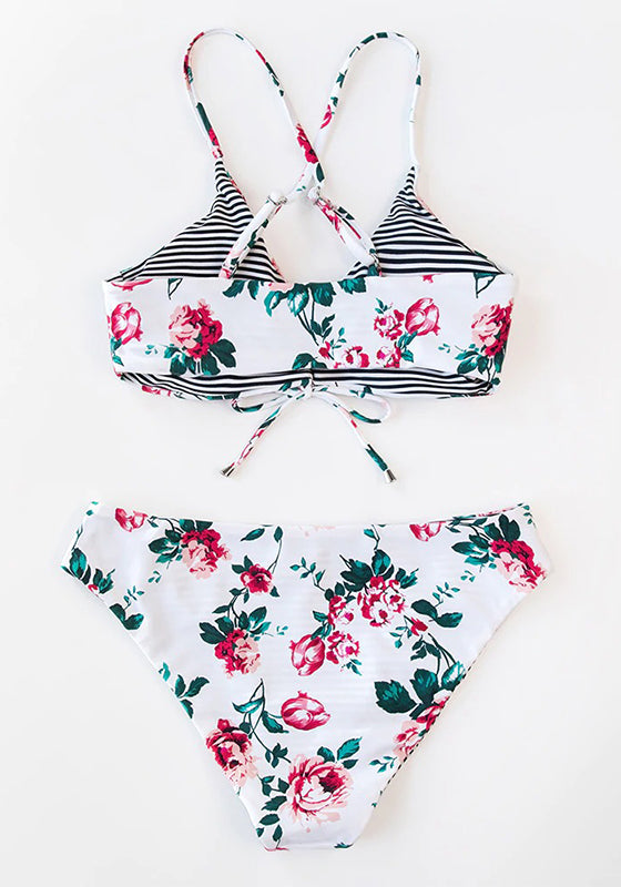 Pink Floral Lace Up Low-Rise Bikini Set