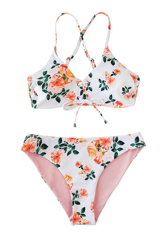 Pink Floral Lace Up Low-Rise Bikini Set