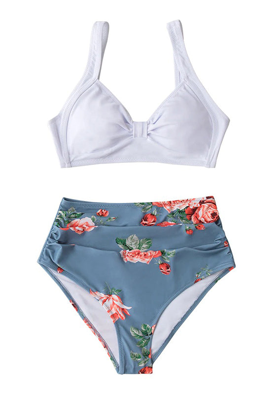 Pink And Green Floral High-waisted Bikini Set