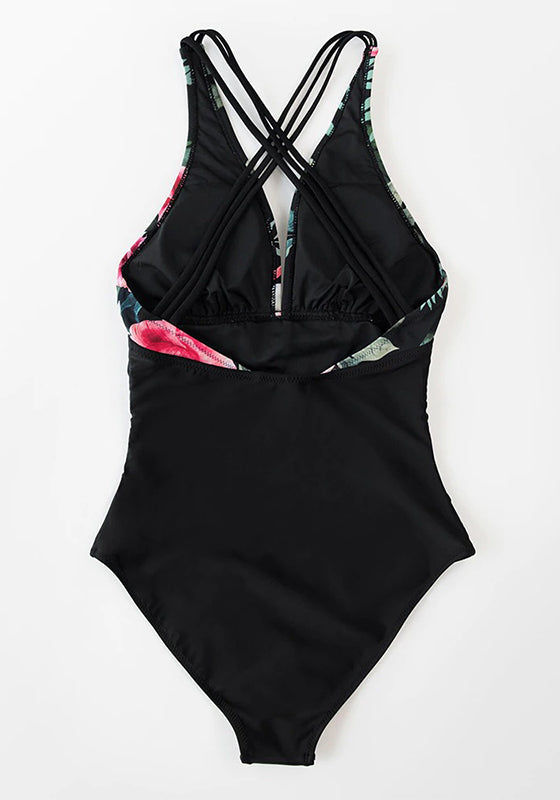 Black Print V-neck One-Piece Swimsuit