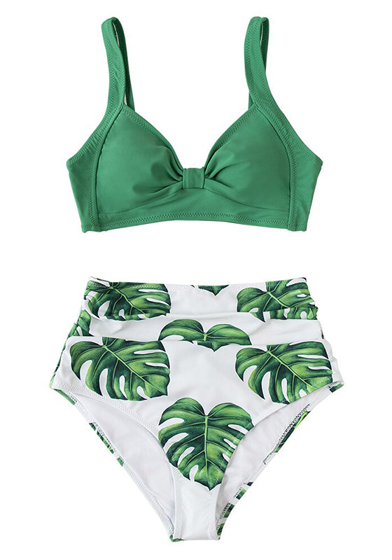 Pink And Green Floral High-waisted Bikini Set