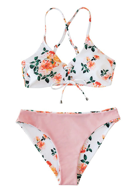 Pink Floral Lace Up Low-Rise Bikini Set