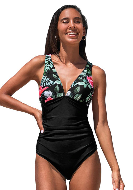 Black Print V-neck One-Piece Swimsuit