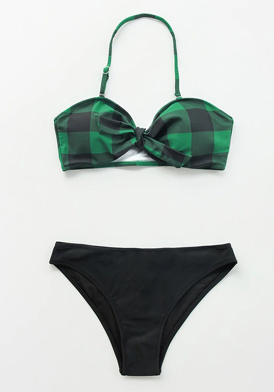 Green Plaid Bandeau Low-waist Halter Bikini Set