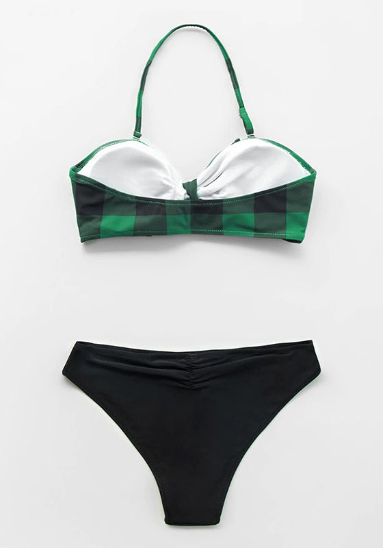 Green Plaid Bandeau Low-waist Halter Bikini Set