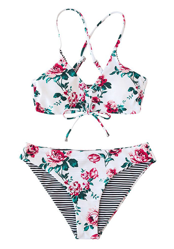 Pink Floral Lace Up Low-Rise Bikini Set