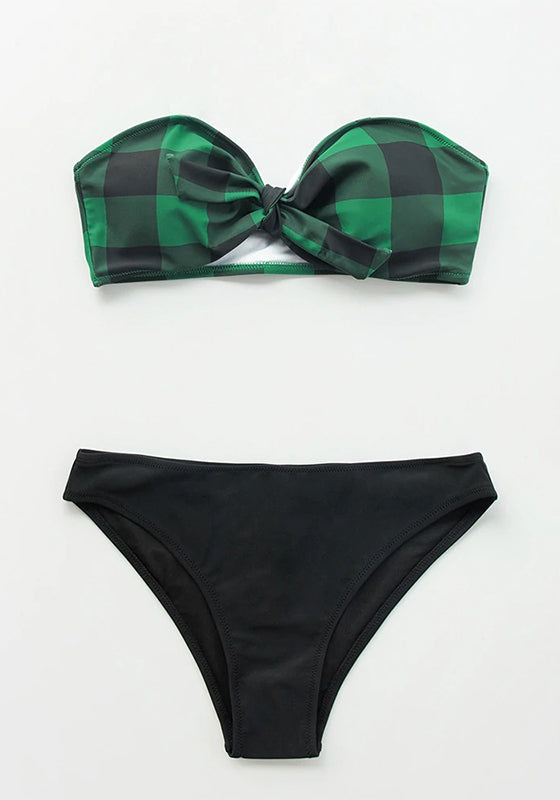 Green Plaid Bandeau Low-waist Halter Bikini Set