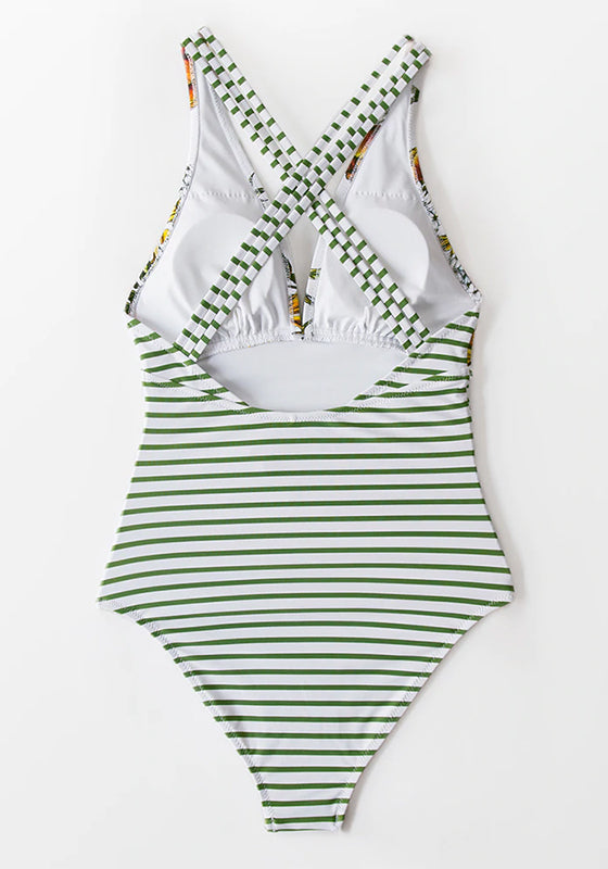 Black Print V-neck One-Piece Swimsuit