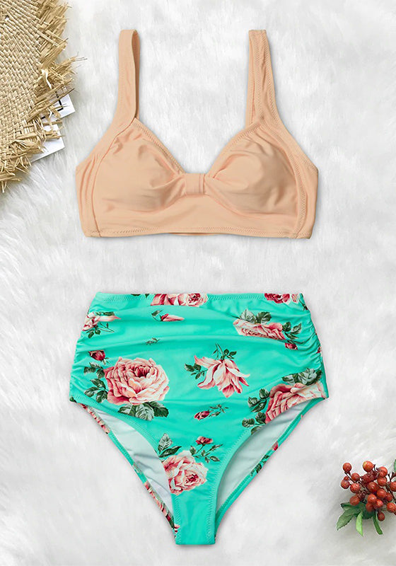 Pink And Green Floral High-waisted Bikini Set