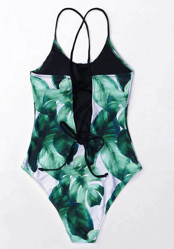 Tropical Leaves Lace-Up One-Piece