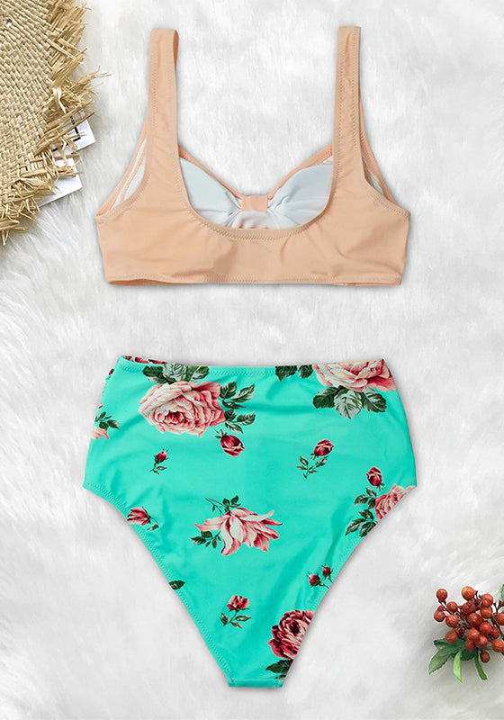 Pink And Green Floral High-waisted Bikini Set