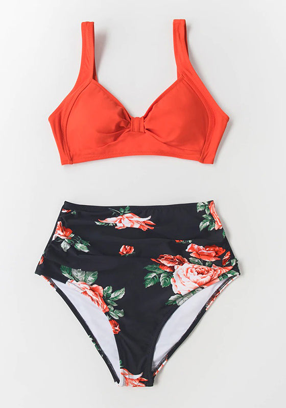 Pink And Green Floral High-waisted Bikini Set