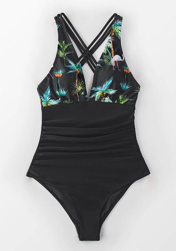 Black Print V-neck One-Piece Swimsuit