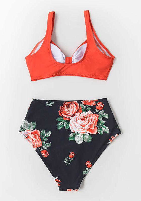 Pink And Green Floral High-waisted Bikini Set