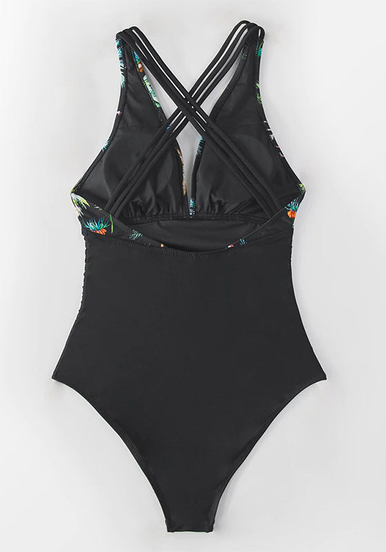 Black Print V-neck One-Piece Swimsuit