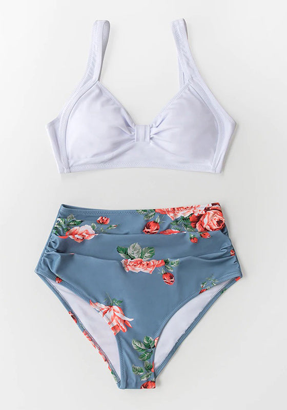 Pink And Green Floral High-waisted Bikini Set