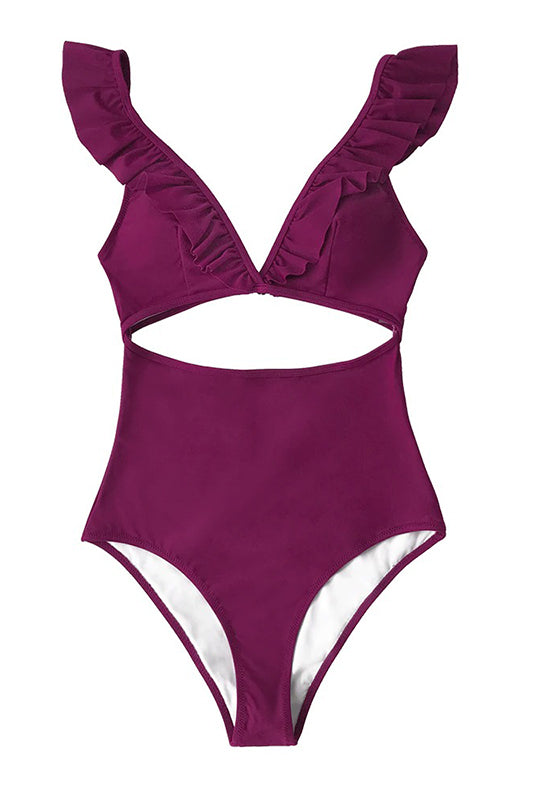 Solid Claret Ruffles V-neck One-Piece