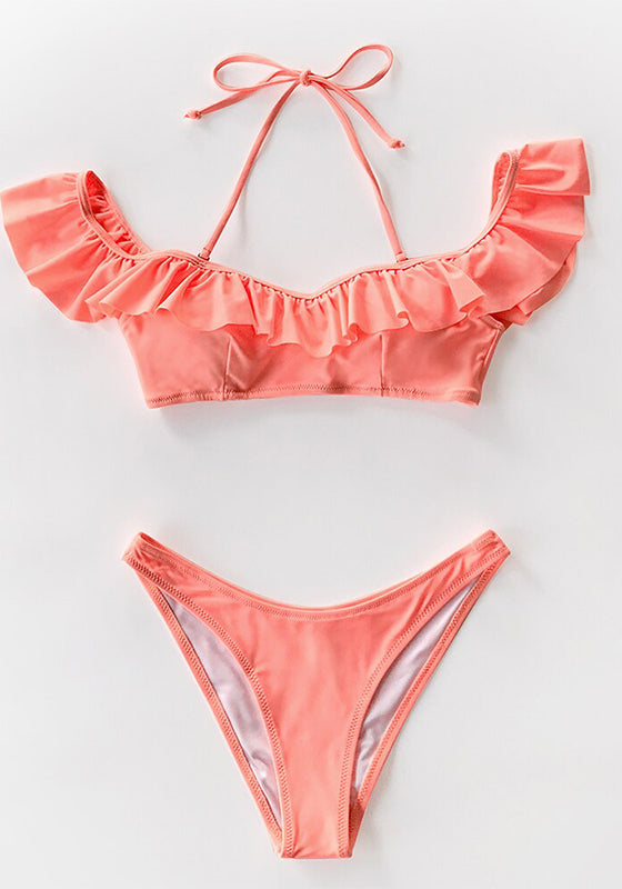 Solid Pink Ruffled Halter Thong Bikini Set
