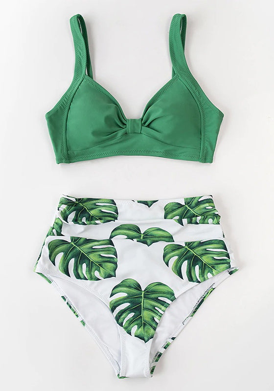 Pink And Green Floral High-waisted Bikini Set