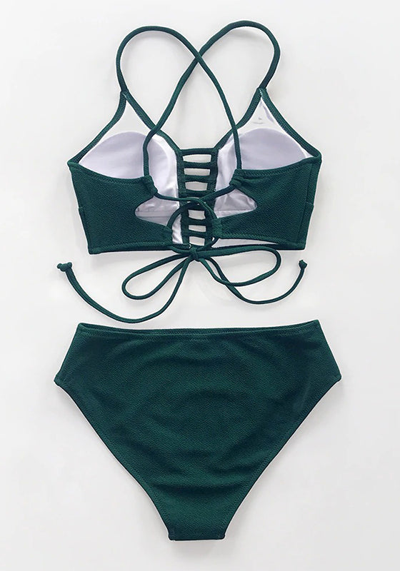 Solid Green Lace Up Bikini Set