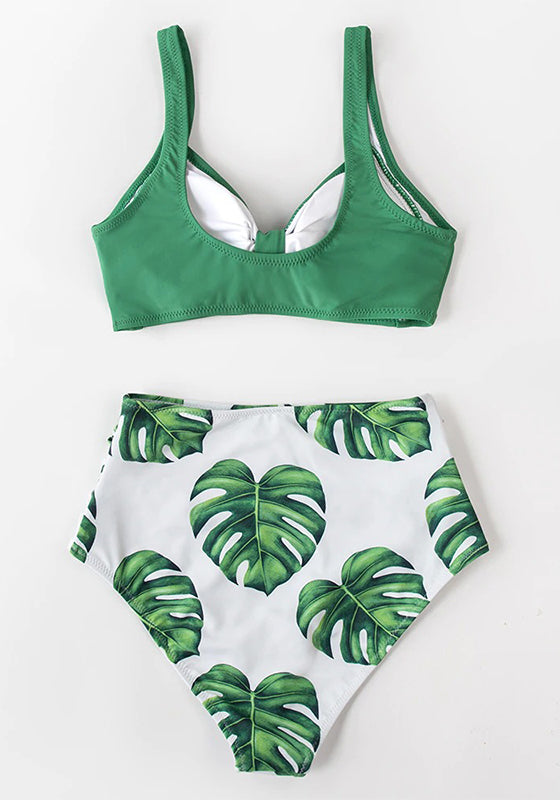 Pink And Green Floral High-waisted Bikini Set