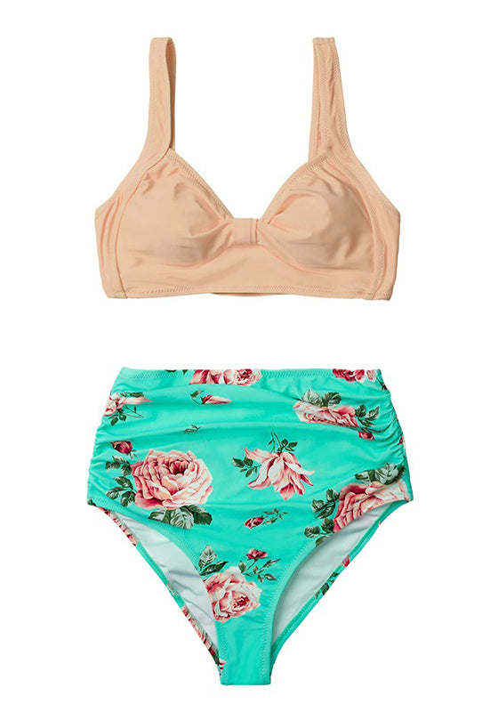 Pink And Green Floral High-waisted Bikini Set