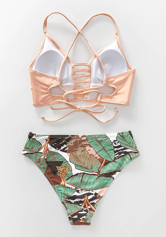 Solid Green Lace Up Bikini Set