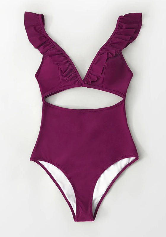 Solid Claret Ruffles V-neck One-Piece