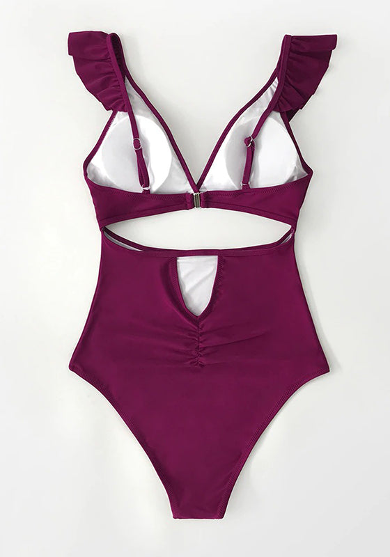 Solid Claret Ruffles V-neck One-Piece