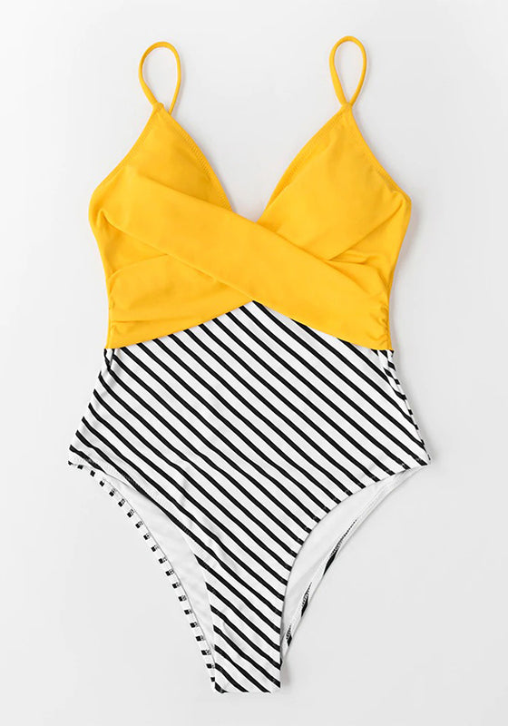 Yellow and Striped Twist V-neck One-Piece