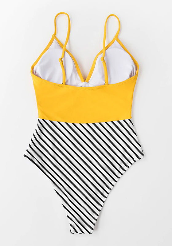 Yellow and Striped Twist V-neck One-Piece