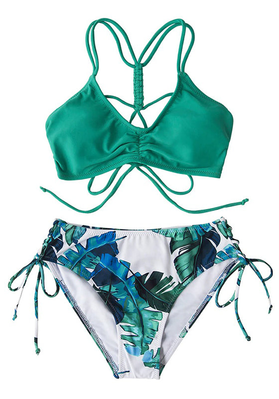 Green and Leafy Print Strappy Bikini Set