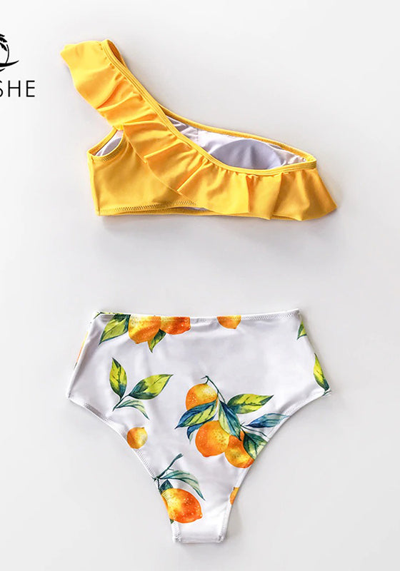 Yellow Lemon Print One Shoulder High-Waisted Bikini Set