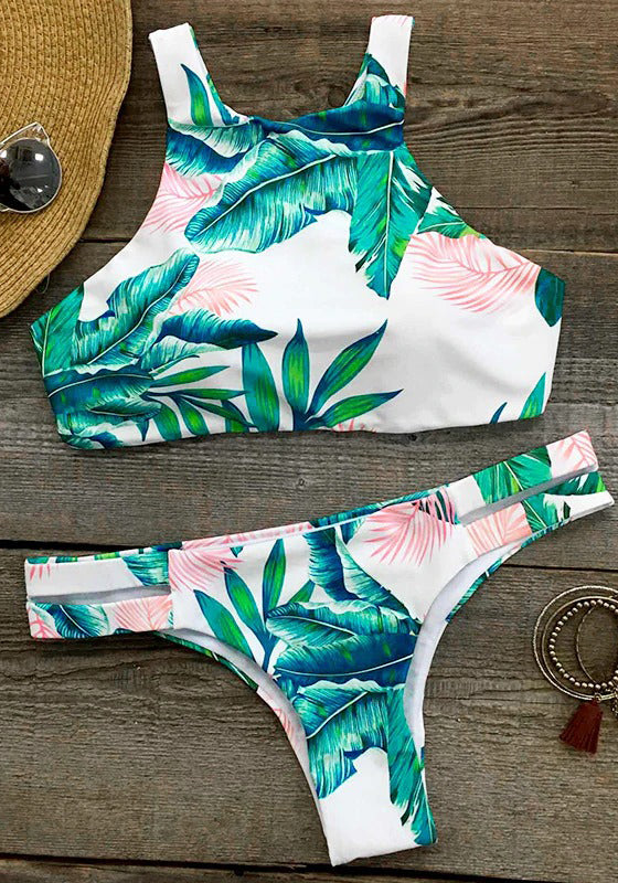 Ocean Vibes Palm Printing Tank Thong Bikini Set