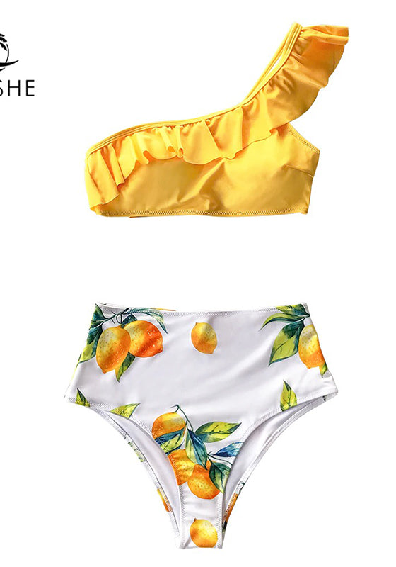 Yellow Lemon Print One Shoulder High-Waisted Bikini Set