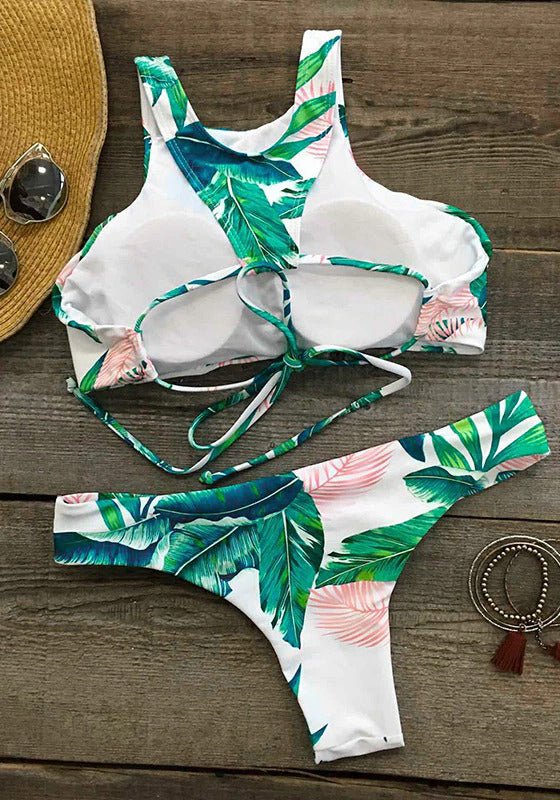 Ocean Vibes Palm Printing Tank Thong Bikini Set