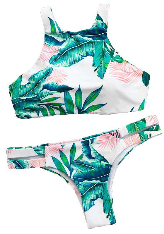 Ocean Vibes Palm Printing Tank Thong Bikini Set