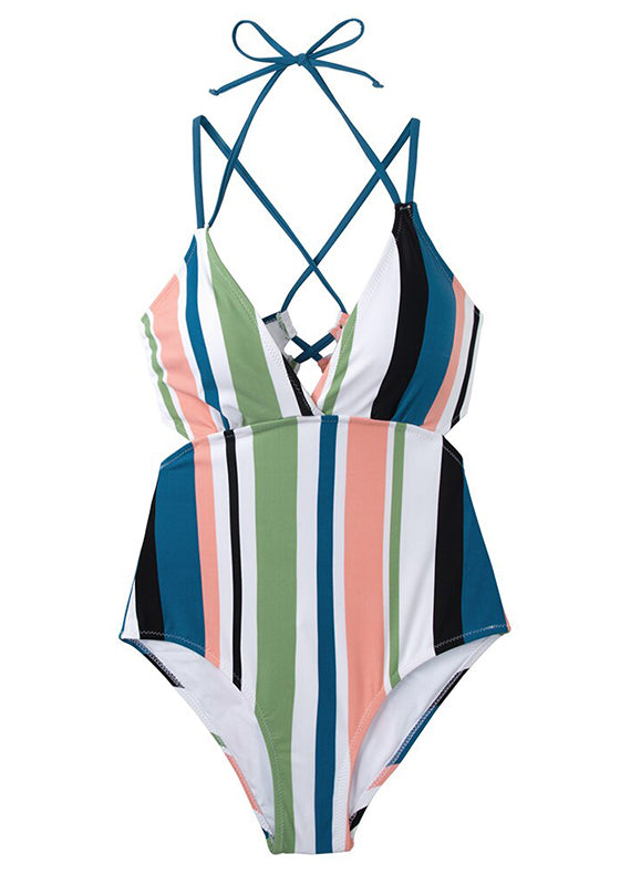 Stripe V-neck Halter One-Piece