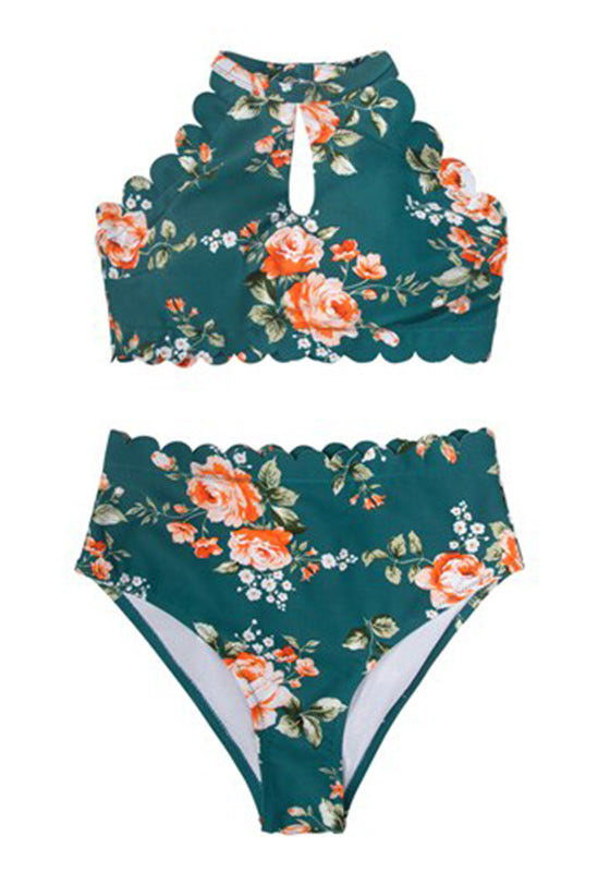 Green Floral Halter Bikini Set